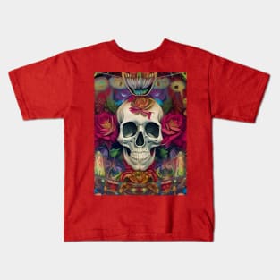 Trippy psychedelic art skull and roses Kids T-Shirt